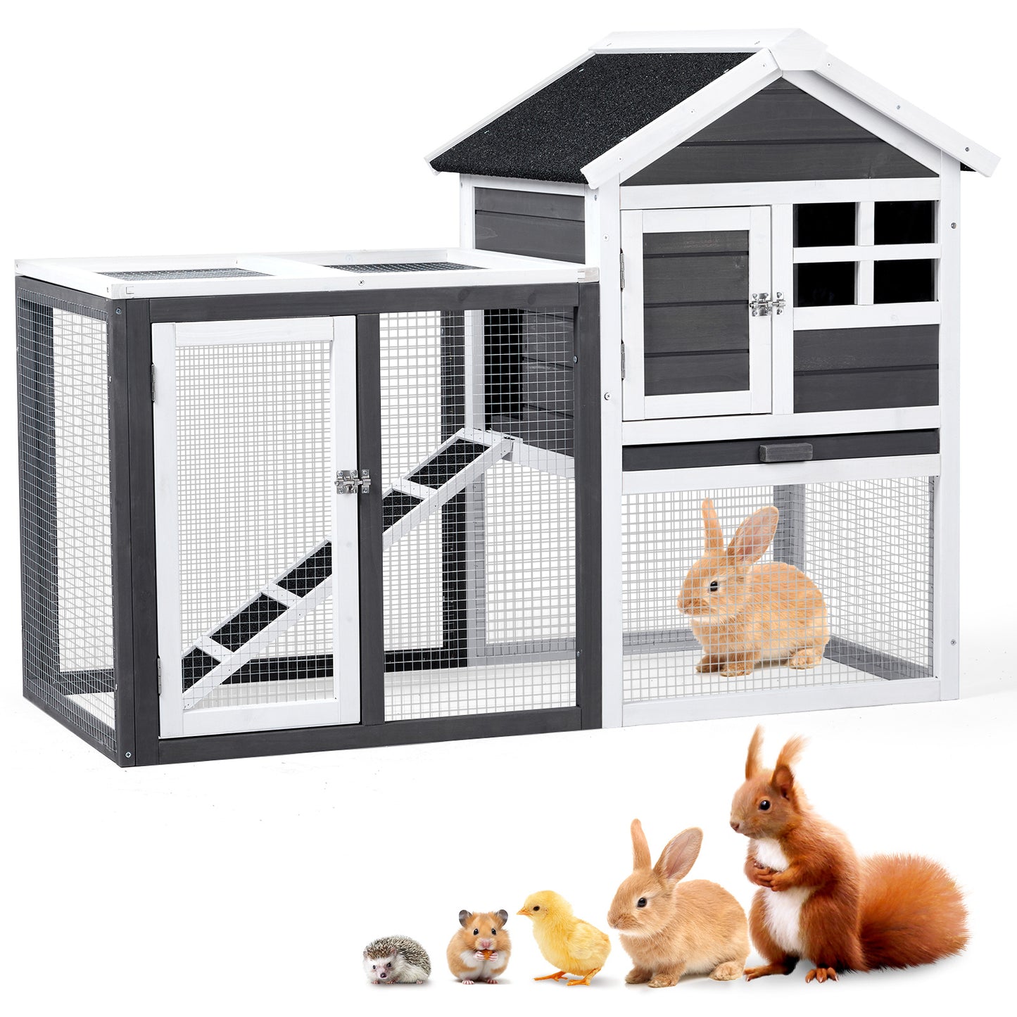 Wooden Rabbit House Outdoor Chicken House Indoor Rabbit Cage With Running, Guinea Pig House Pet House With Pull Out On Tray