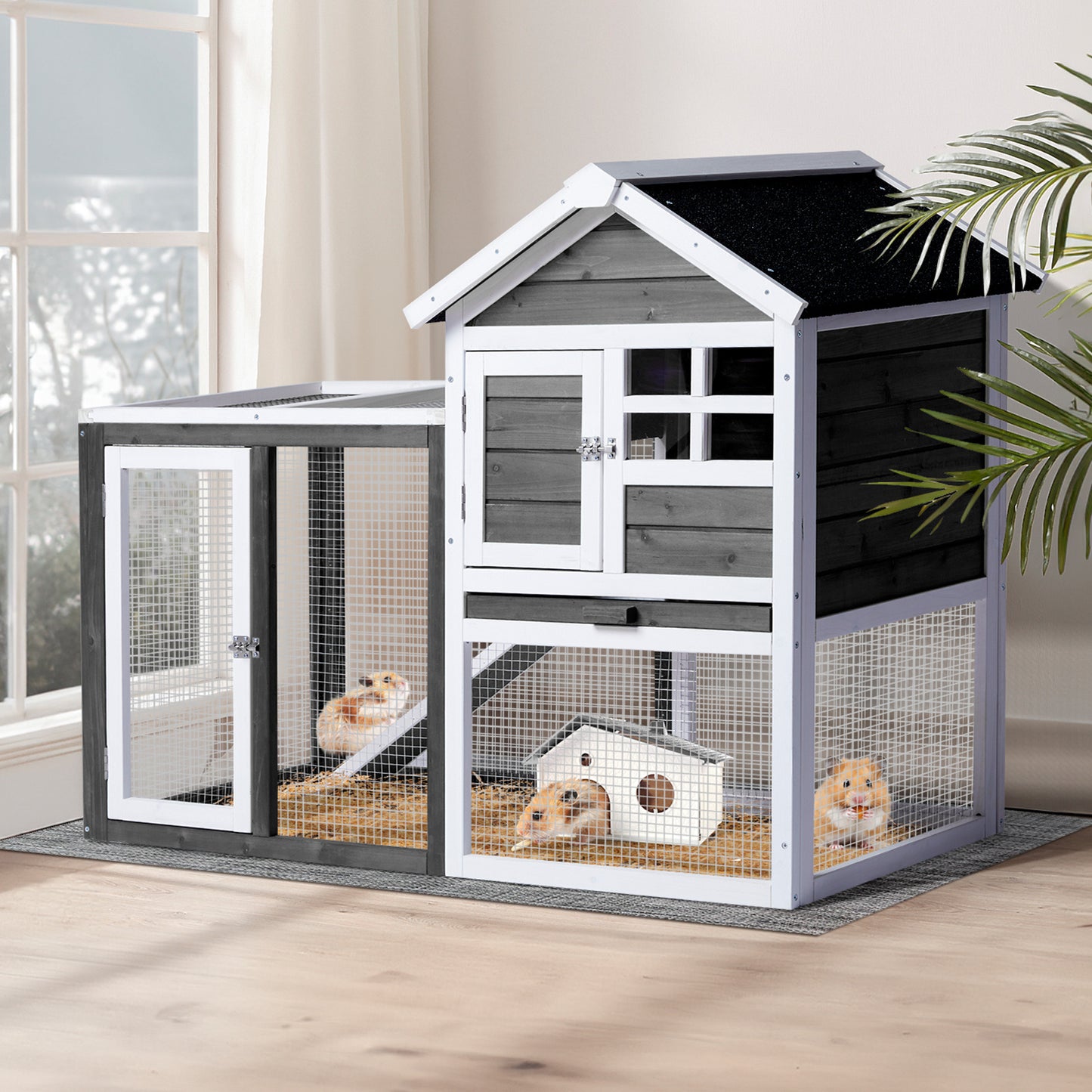 Wooden Rabbit House Outdoor Chicken House Indoor Rabbit Cage With Running, Guinea Pig House Pet House With Pull Out On Tray