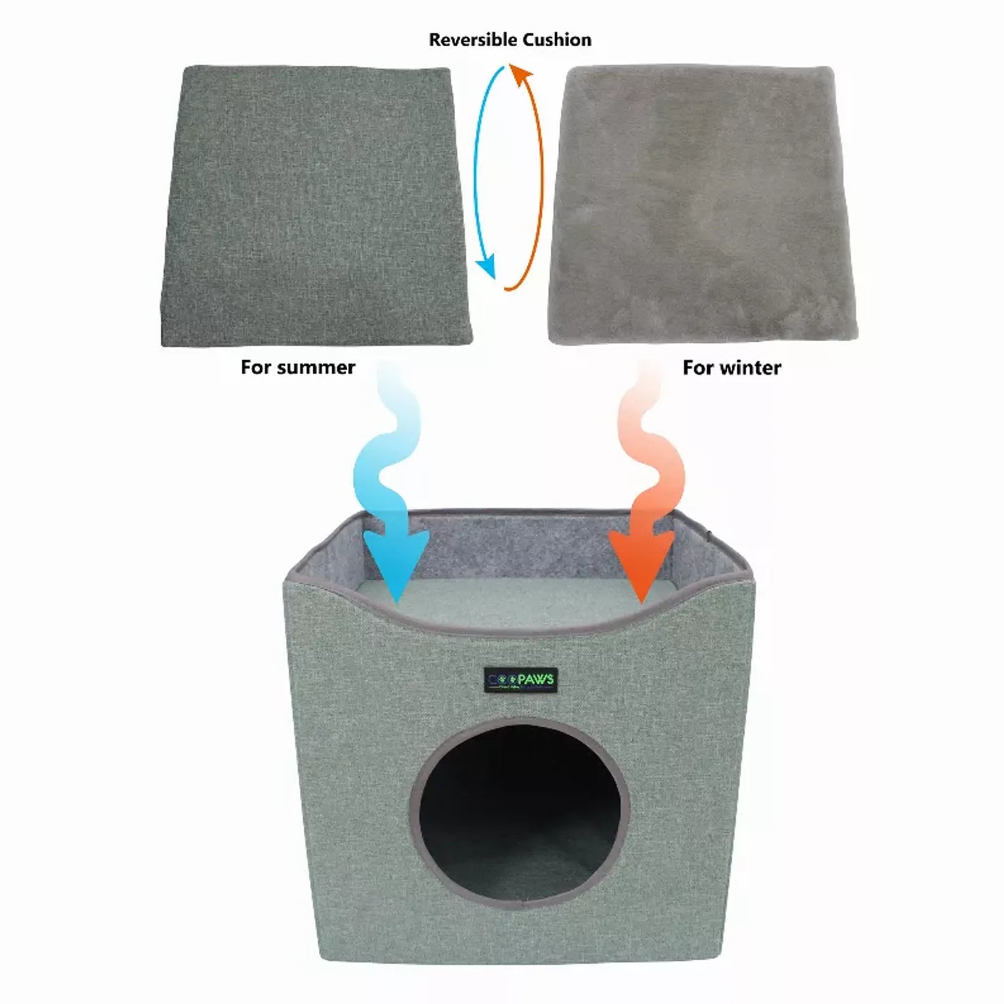 JESPET Foldable Cat Condo, Cat Cube House & Sleepping Bed with Lying Surface and 2 Reversible Cushions, Cat Hiding Place, Cat Cave, Linenette Fabric, Felt and Engineered Wood, Scratch Resista