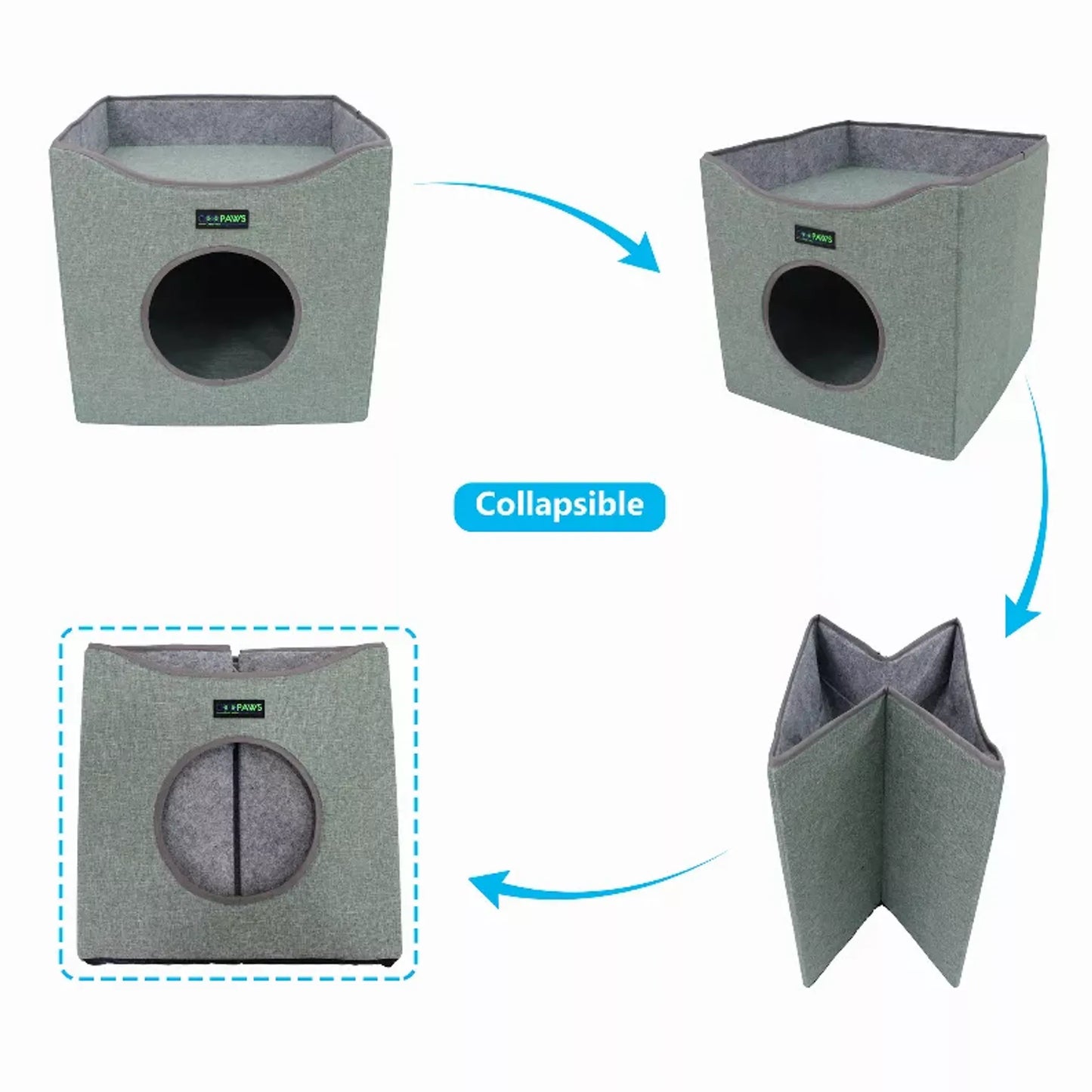 JESPET Foldable Cat Condo, Cat Cube House & Sleepping Bed with Lying Surface and 2 Reversible Cushions, Cat Hiding Place, Cat Cave, Linenette Fabric, Felt and Engineered Wood, Scratch Resista