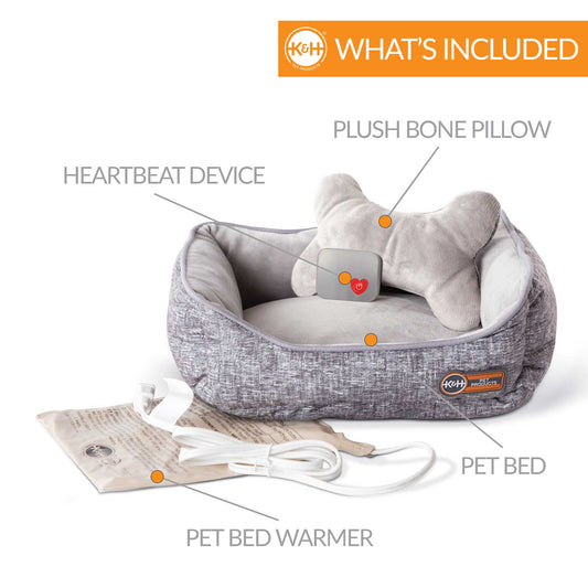 K&H Pet Products Mother's Heartbeat Heated Puppy Pet Bed with Bone Pillow Medium Gray 16" x 13" x 6"