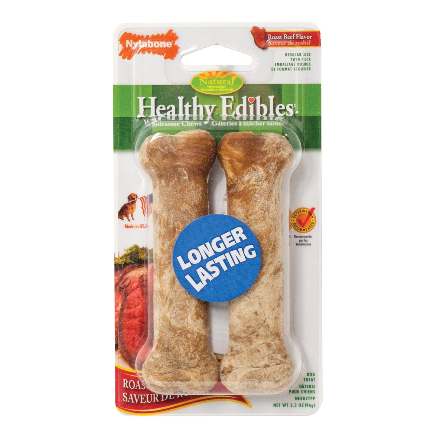 Nylabone Healthy Edibles Longer Lasting Beef Treats Regular 2 count